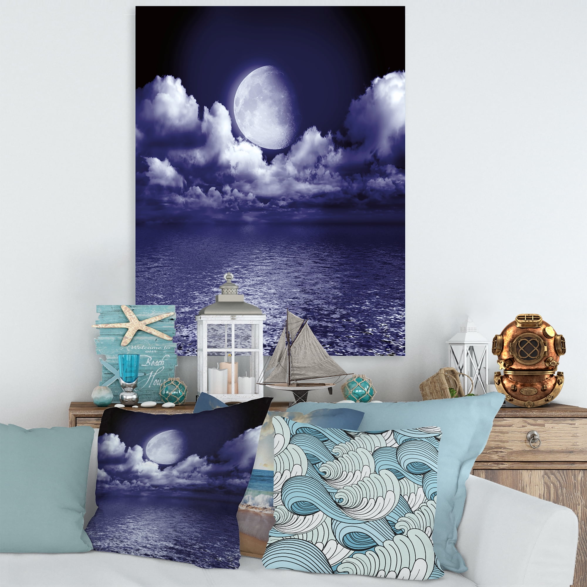 Designart ' Full Moon Night in Cloudy Sky V ' Nautical & Coastal Canvas Wall Art Print