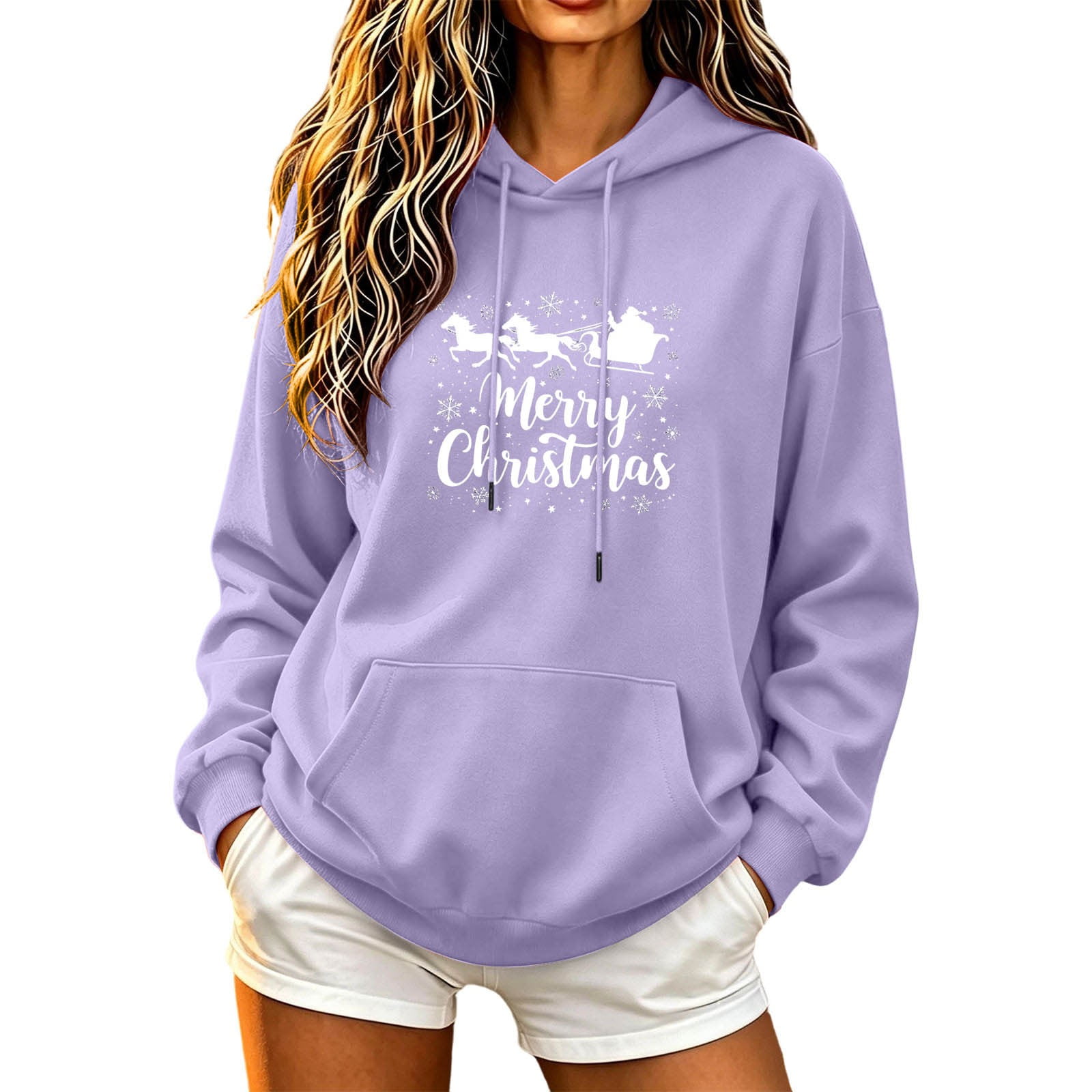 Womens Christmas Sweatshirts Hoodies Long Sleeve Xmas Printed Drawstring Pullover Blouse Loose Casual Oversized Fashion Vacation Gift Tops with Pockets Purple L