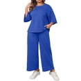 thumbnail image 3 of Solid Color 2 Pieces Plus Size Sets Women Three Quarter Sleeve Tops and Wide Leg Pants, 3 of 6