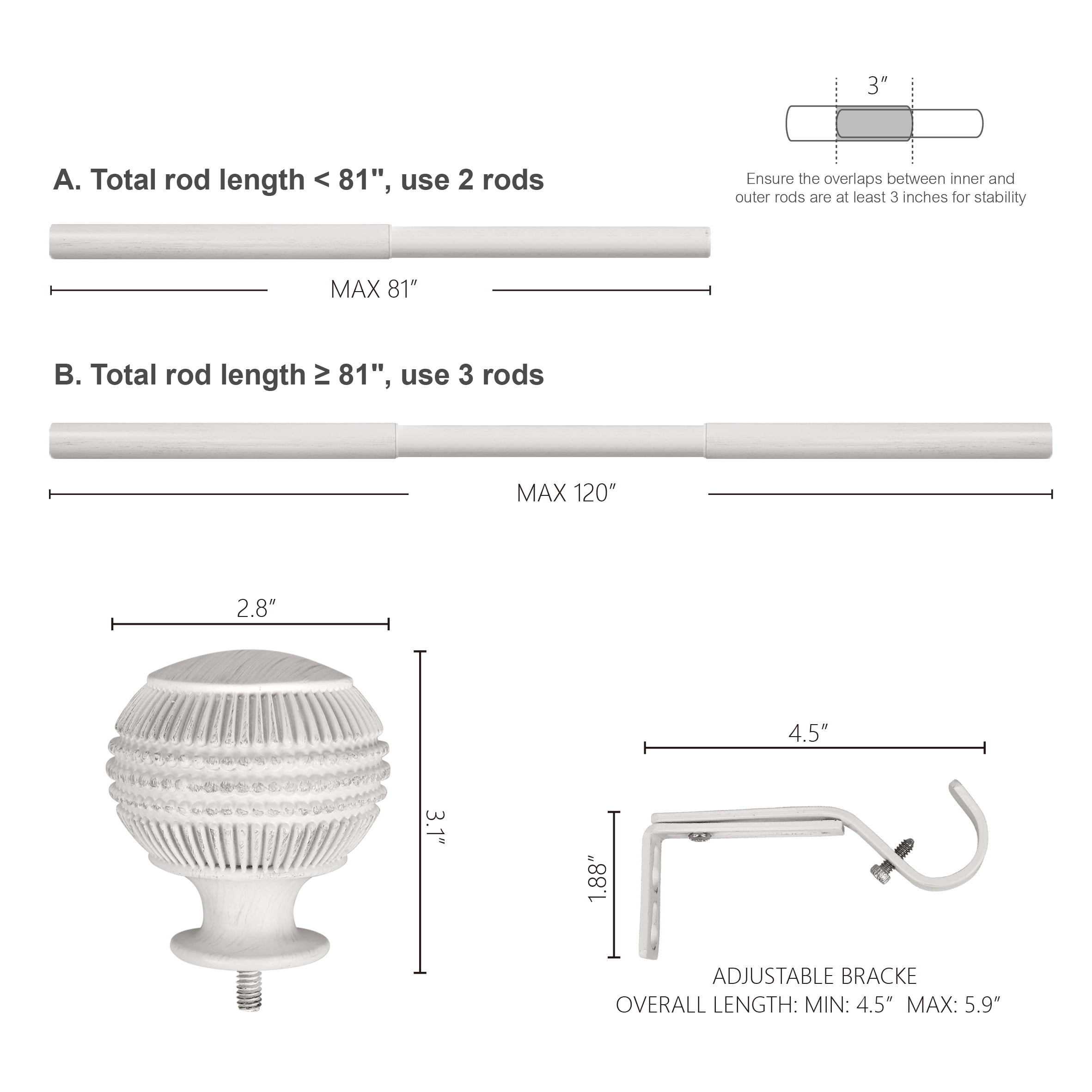 Better Homes & Gardens 1" Textured Knob Curtain Rod, 42-120", White