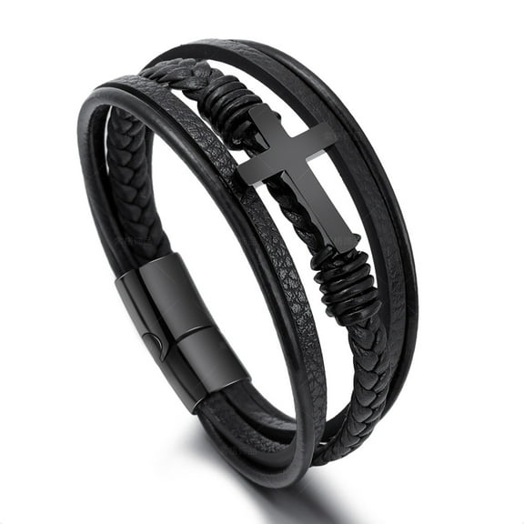 MetalJC  Stainless Steel Leather Cross Bracelet for Men, Fashion Jewelry Gifts to Father or Son