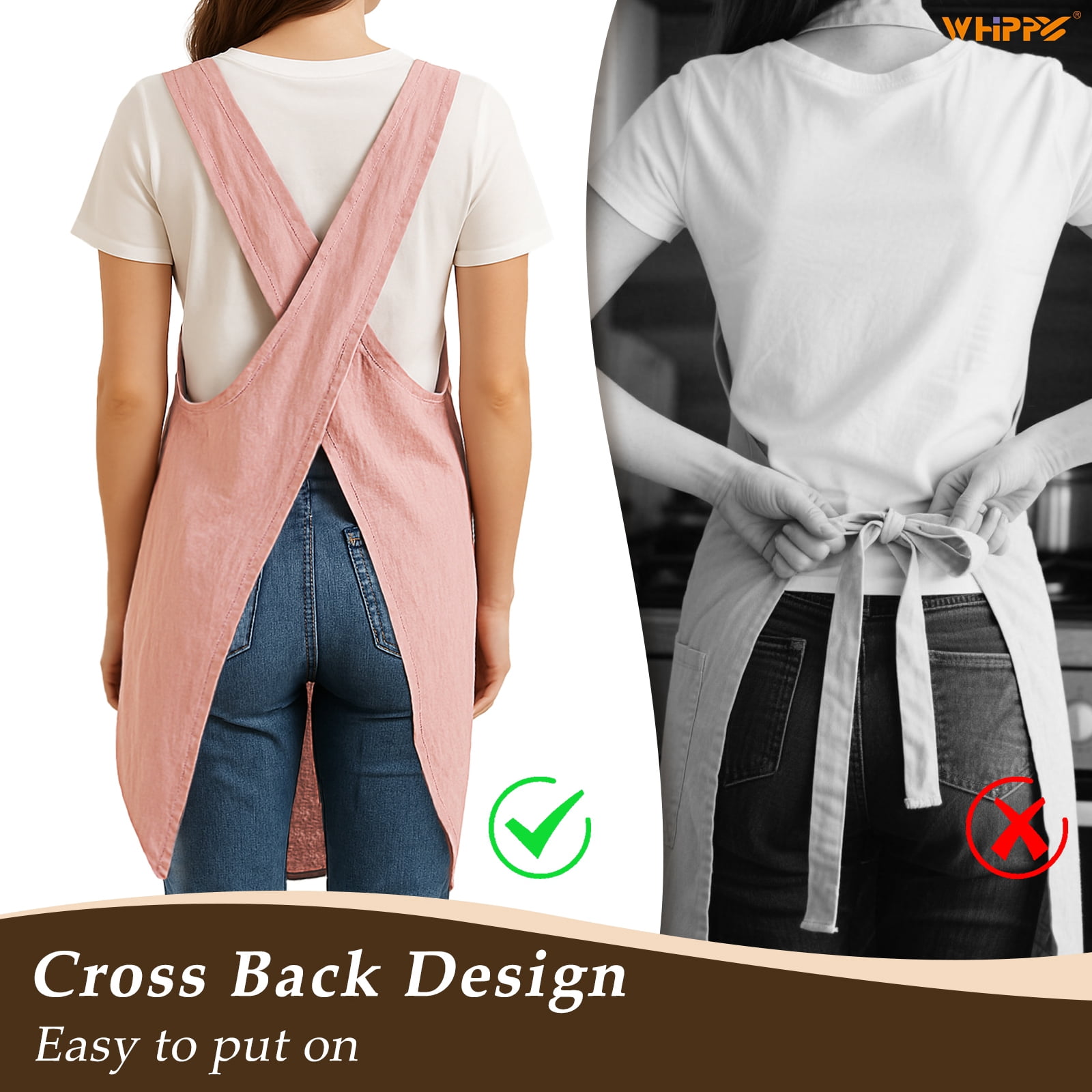 WHIPPY Kitchen Cross Back Apron with Pockets, Japanese Linen