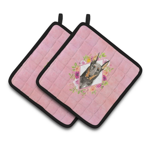 Carolines Treasures CK4241PTHD Doberman Pinsher Pink Flowers Pair of Pot Holders 7.5HX7.5W multicolor