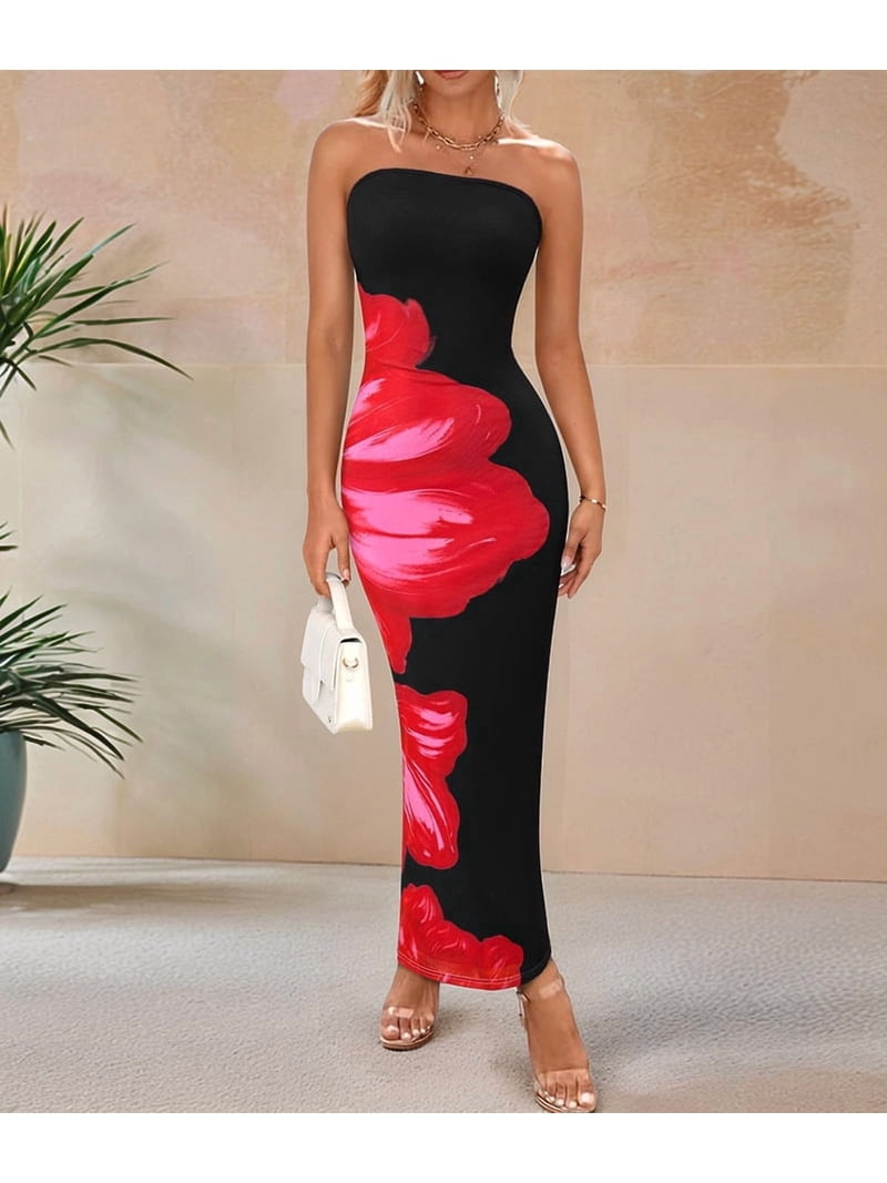 Women Summer Strapless Maxi Dress Bodycon Floral Long Wedding Guest Dress Formal Cocktail Dresses Black & Red Flower XL