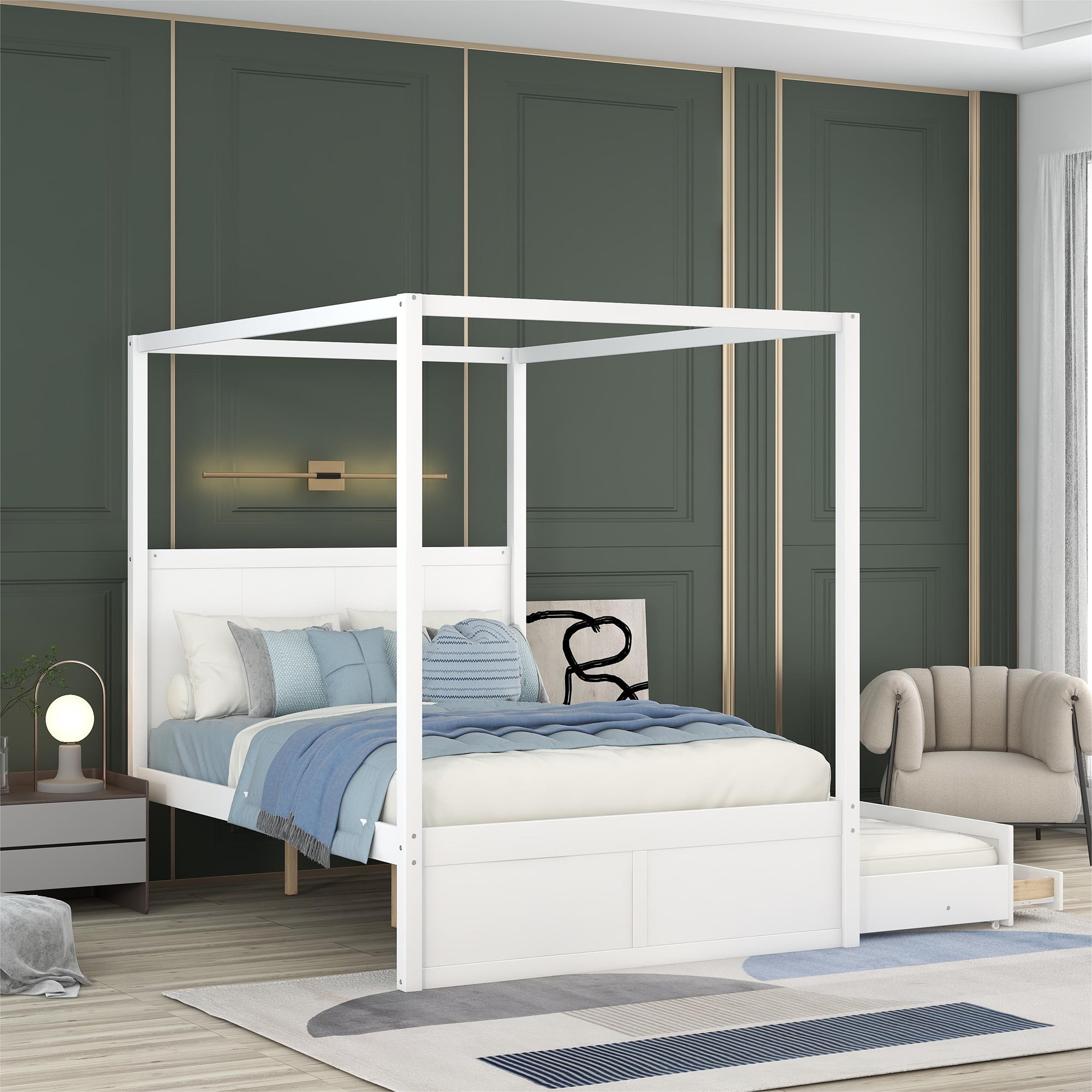 EUROCO Queen Size Platform Bed with Storage Headboard and USB Charging Station, Solid Wood Frame for Kids Adults, White