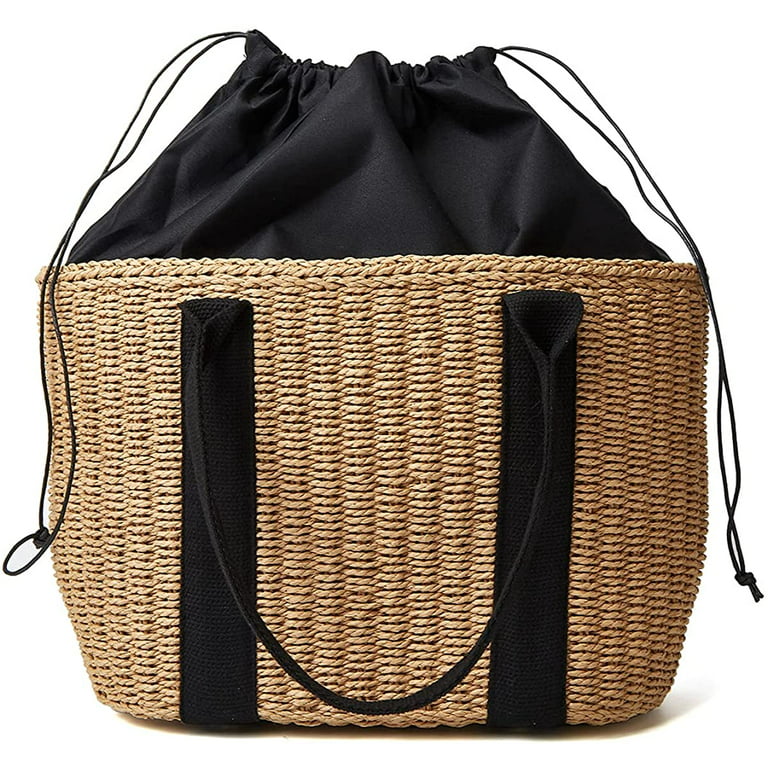 Beige Large Straw Bag, Double Handle, Spacious Design