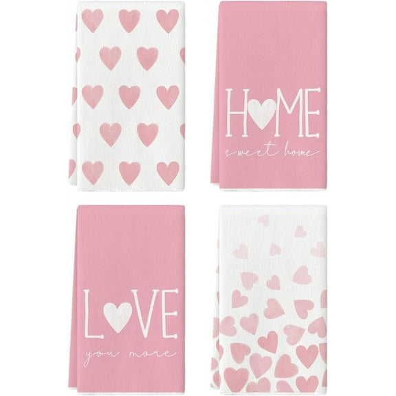 Pink Heart Love Valentine''s Day Kitchen Towels Dish Towels, 18x26 Inch Farmhouse Anniversary Wedding Decoration Hand Towels Set of 4