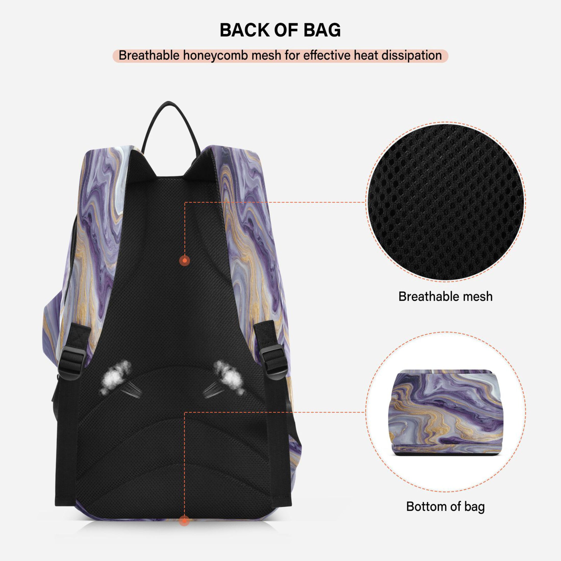 2 Racquet Holder Tennis Backpack Tennis Racket Covers Gym Bags Purple Marble Pattern