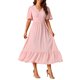 thumbnail image 2 of Vestido Boho de Mujer Inspire Chic con Volantes, Manga Corta, Cuello en V, Puntos Suizos, Cintura con Lazo, Midi, Rosa, 2 of 6