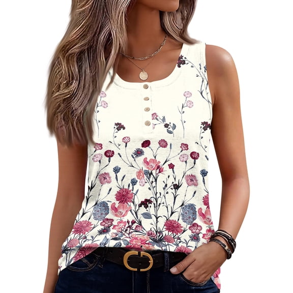 Womens Summer Sleeveless Tops Loose Button Henley Shirts Crew Neck Dressy Casual Blouses XL