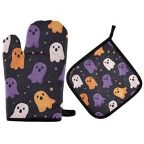 Yayeee Oven Mitts and Pot Holder Set of 4 Heat Resistant Kitchen Gloves Baking Hot Pad, Orange Halloween Ghosts