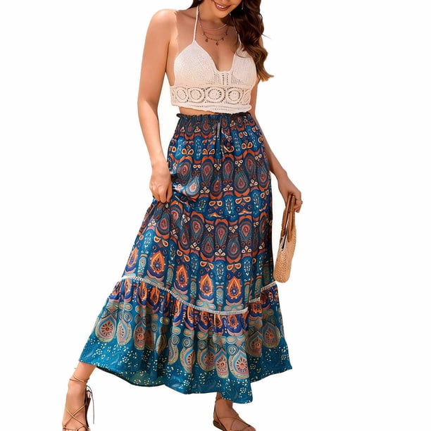 Vestido de Playa en Capas de Verano de Alta Cintura Maxi Falda Mujer con Estampado Paisley, Cordón de Cintura Elástico