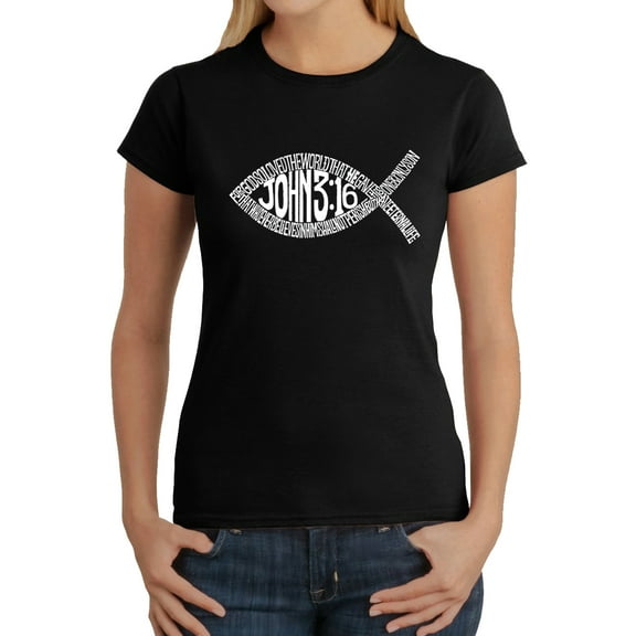 LA Pop Art Women's Word Art T-Shirt - John 3:16 Fish Symbol