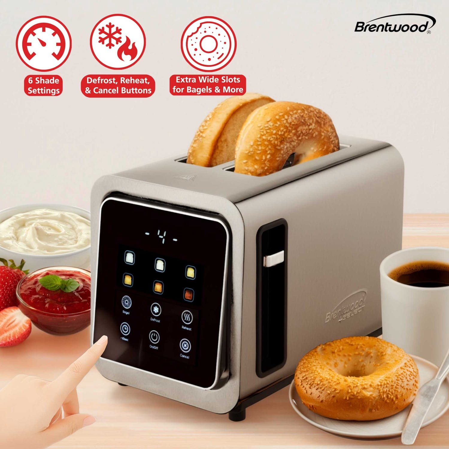 Brentwood 2-Slice 1,100-Watt Touch-Screen Digital Toaster with Extra-Wide Slots, Stainless Steel, TS-228DS