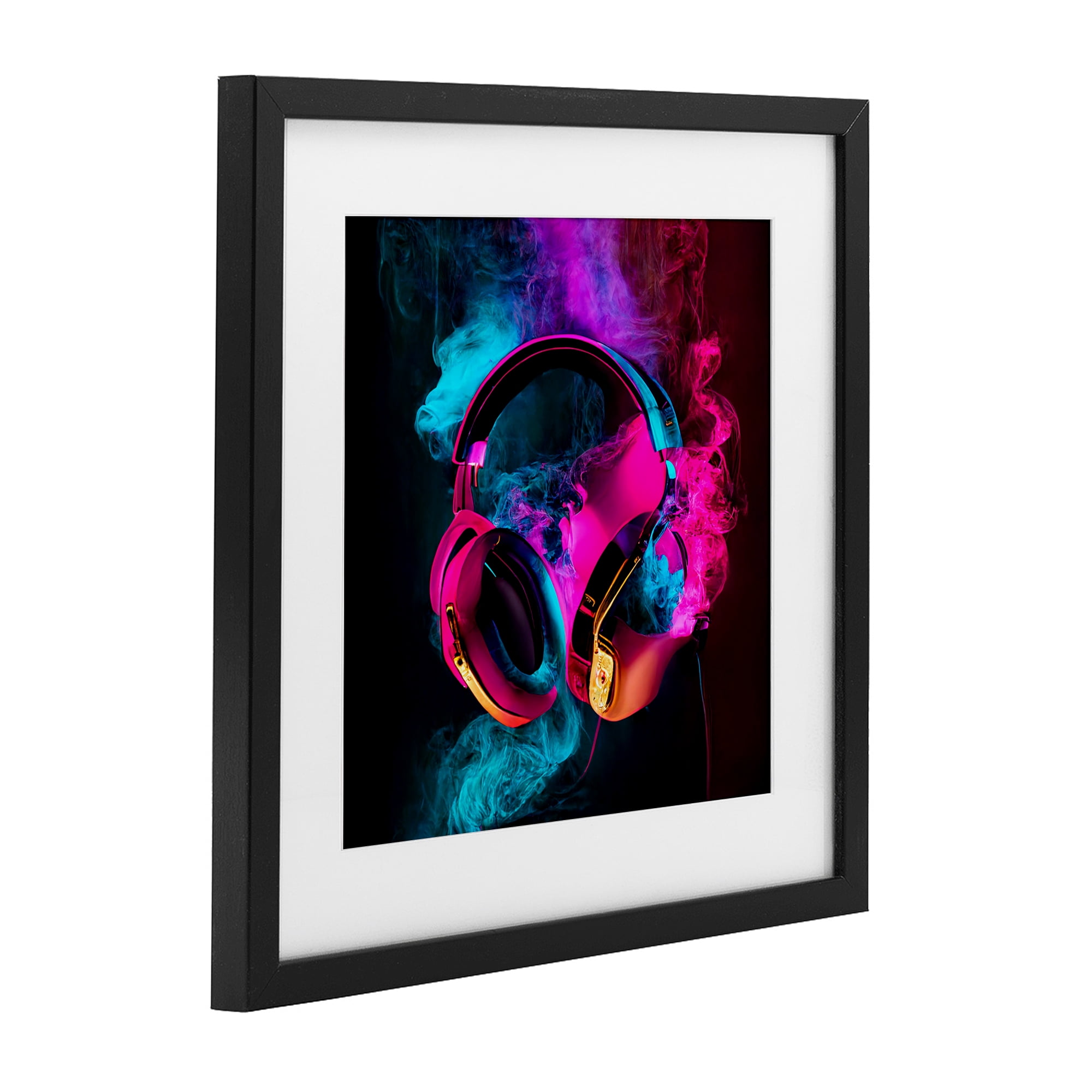 Power Play Pink & Blue Headphones Black Framed Print Under Glass, design by Sasha