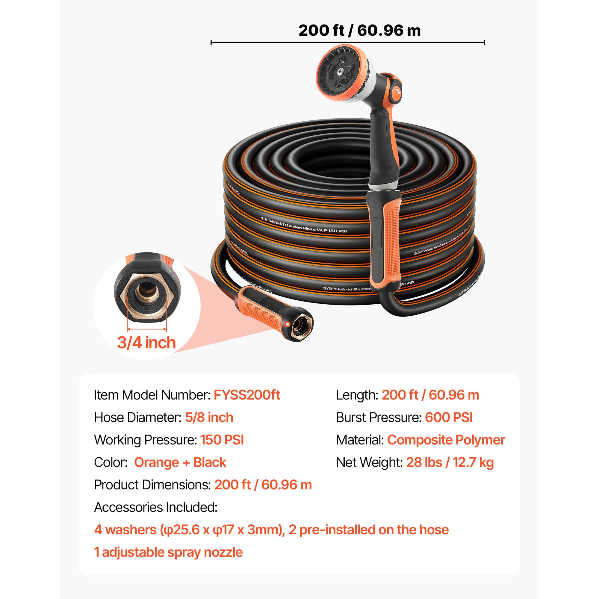 KFFKFF 200 ft 5/8" Durable Rubber Garden Hose with 10-Mode Spray Nozzle, 150PSI Working Pressure & 600PSI Burst Strength, Flexible Outdoor Water Hose with 3/4" Connector, Lightweight Design