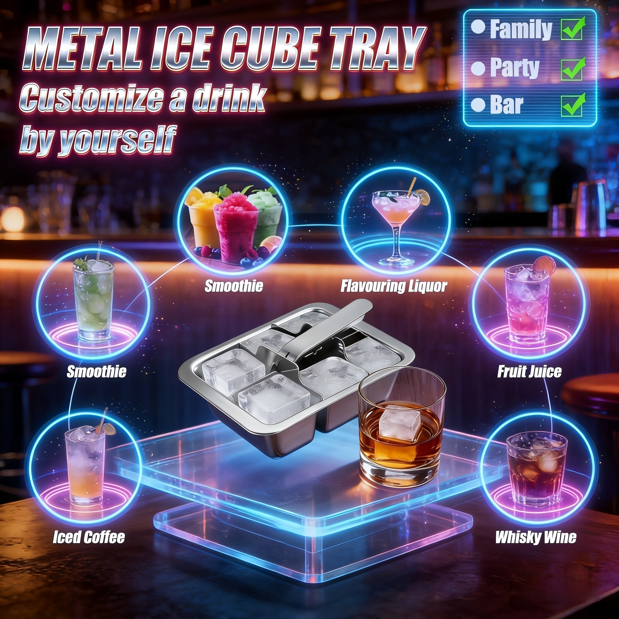 Stainless Steel Large Ice Cube Tray 6 Cube, Lever Type Easy Demold, Dishwasher Safe Kitchen Bar Accessory
