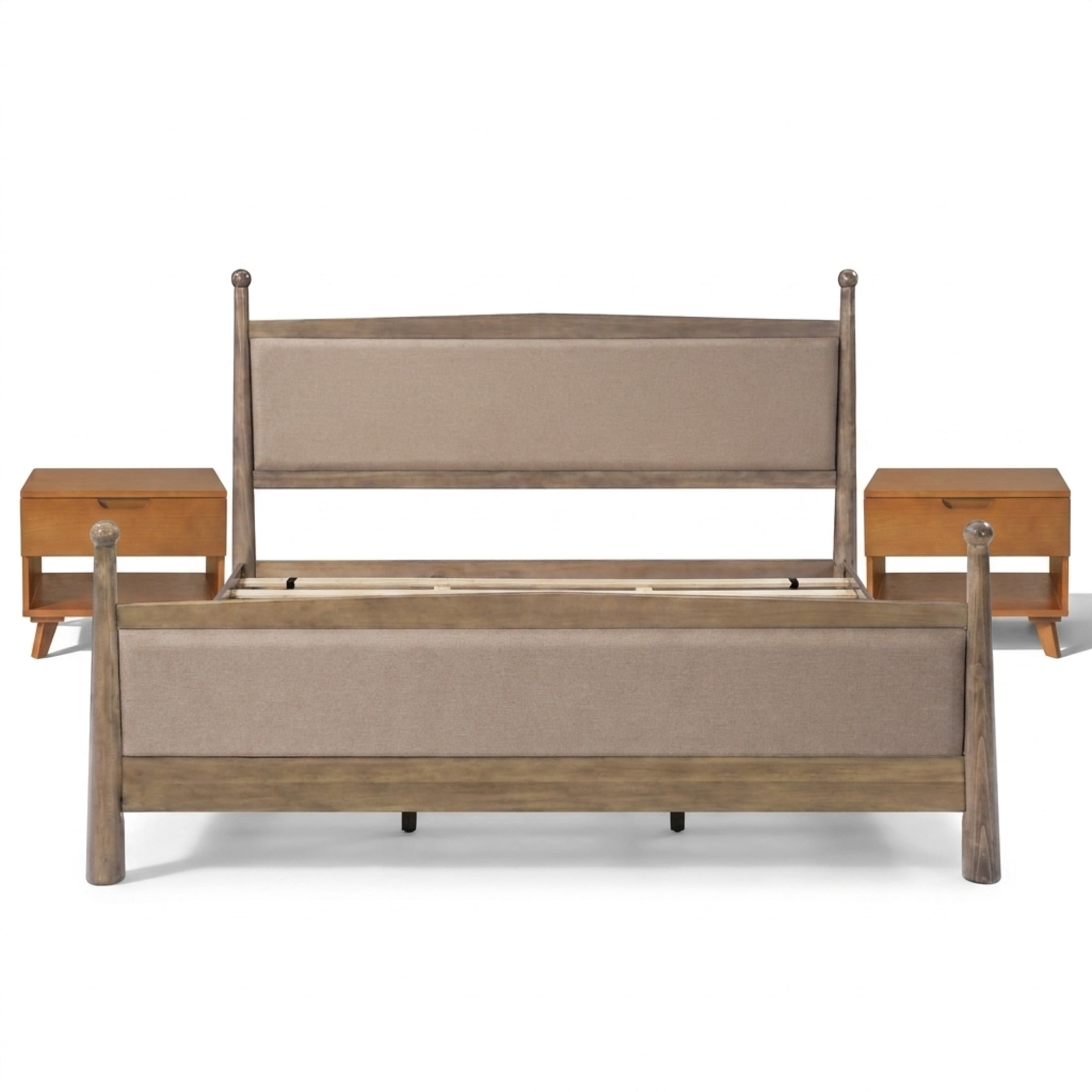 Christopher Knight Home Farmhouse King Upholstered Platform Bed with 2 Wooden Nightstands, Antique Natural