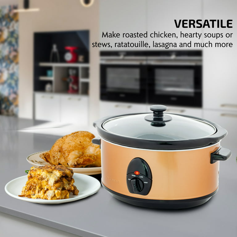Portable 3.7 Quart Temperature Controlled Removable Stoneware Slow Cooker 3  Cooking Setting, Tempered Glass, Stew, Rice, Noodle, Copper SLO35ACO