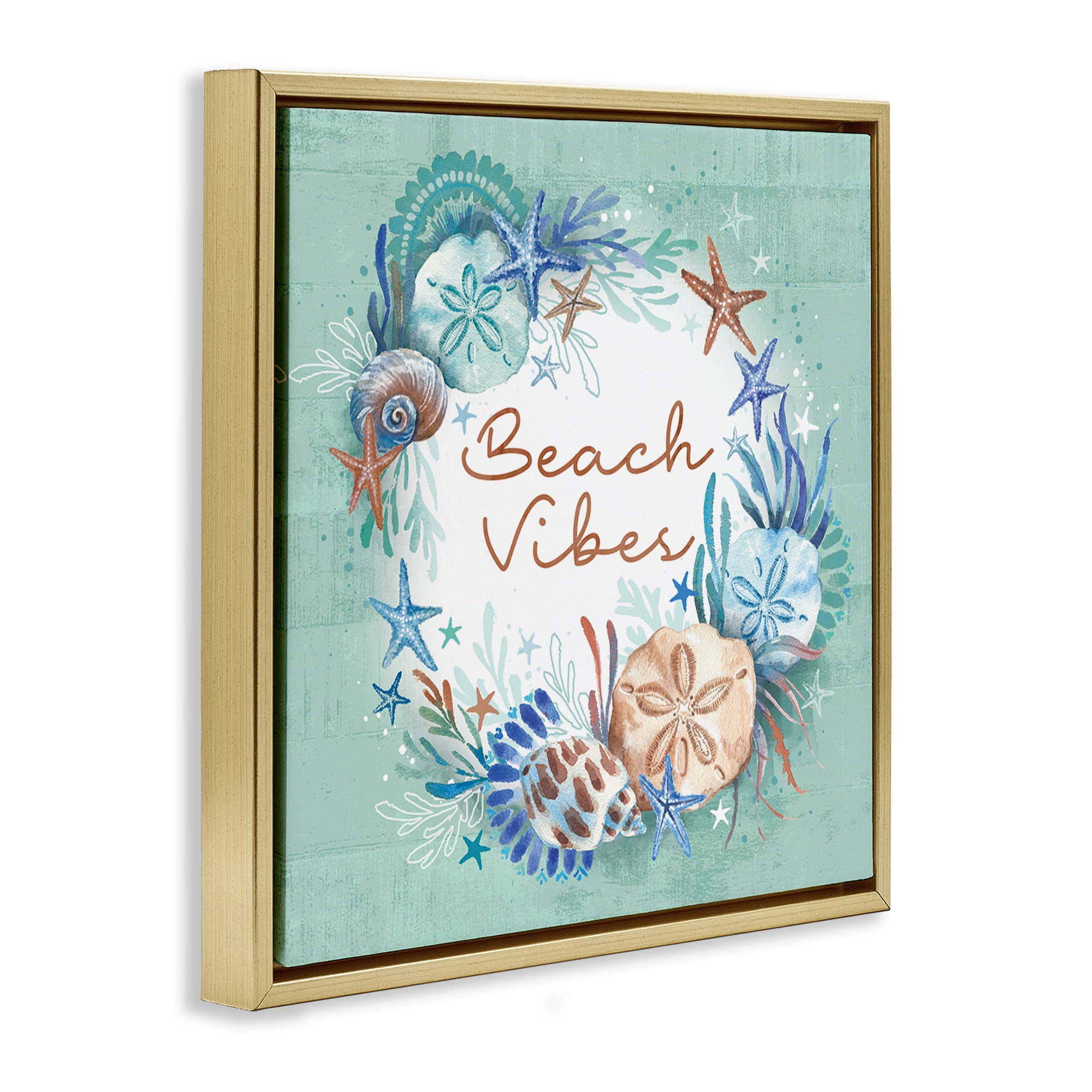 Stupell Industries Beach Vibes & Seashells Coastal Painting Gold Floater Framed Canvas Art Print Wall Art, 25 x 25