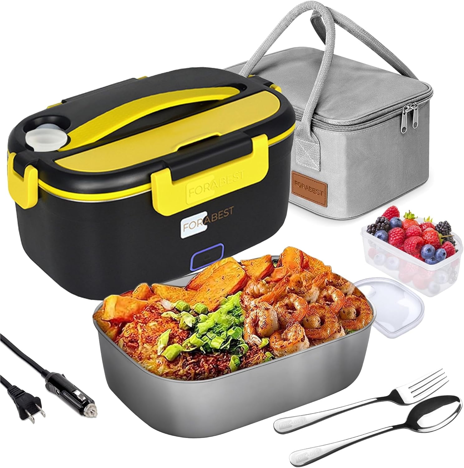 FORABEST Electric Lunch Box Food Heater Upgraded Portable Food Warmer with Power on/off Button 12V/24V,110V/220V, SS Container, Large utensils, Fast Heating for Car/Truck/Home/office and Camping.
