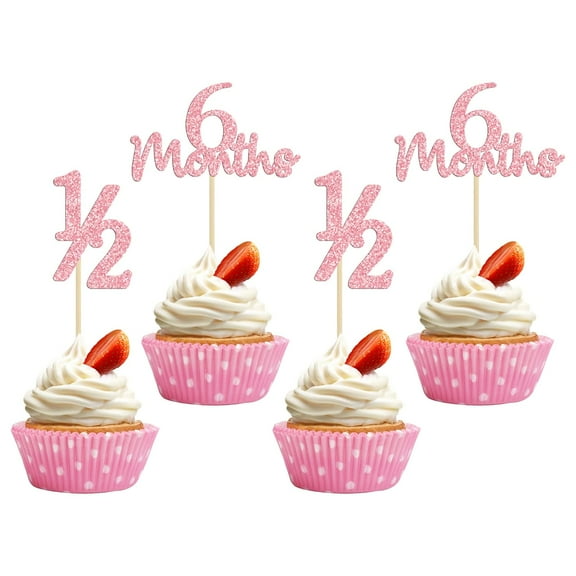 12pcs Pink Glitter 6 Months 1/2 Birthday Cupcake Toppers Half Year Birthday Food Picks for Baby Shower Party Decorations