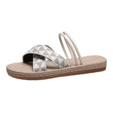 

Cathalem Ladies Fashion Contrast Checked Cloth Open Toe Grass Woven Bottom Flat Slippers Beige 37