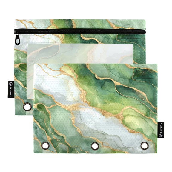 2 Pack 3 Ring Binder Pouch with Clear PVC Window Water Resistant Zipper Pencil Pouch Fresh Golden-green Marble Binder Pocket for Classroom Office Home Stationery Organization
