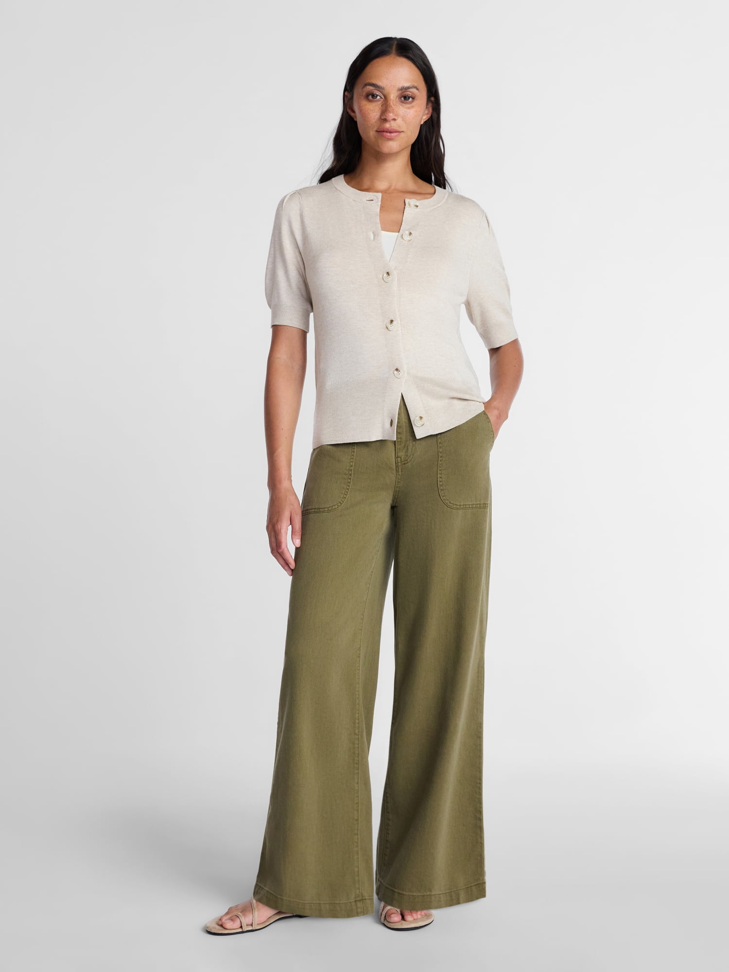 Time and Tru Women's Crewneck Cardigan with Short Sleeves, Lightweight, Sizes XS-XXXL