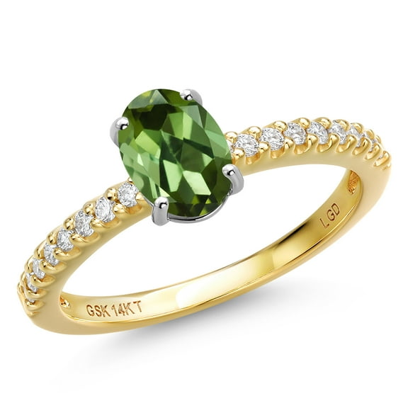 Gem Stone King 14K Two Tone Gold Green Tourmaline and Lab Grown Diamond Engagement Ring for Women | 0.86 Cttw | Oval 7X5MM | Gemstone October Birthstone | Size 5
