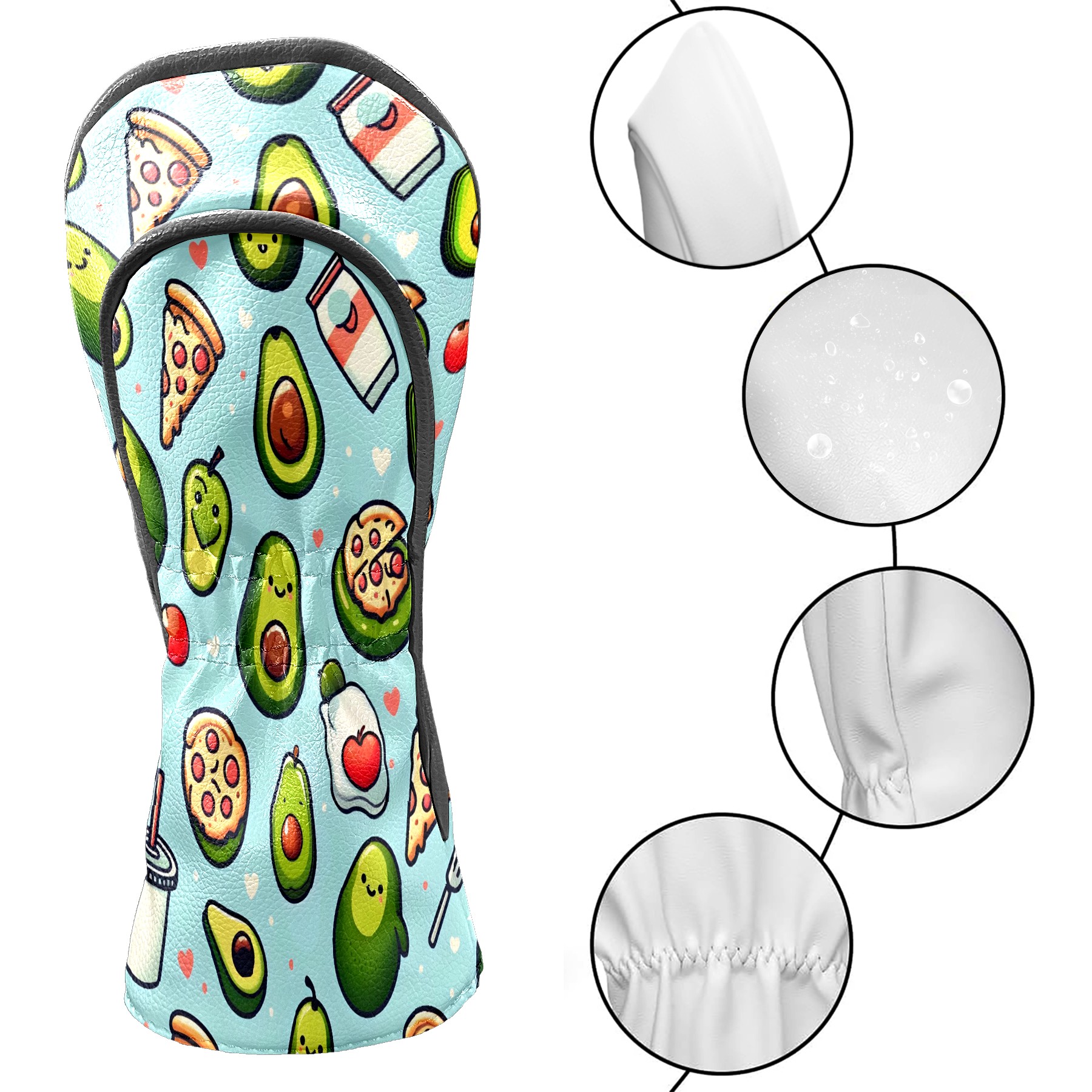 Golf Club Covers, Light Blue Avocado Pizza Premium PU Leather Driver Hybrid Putter Head Covers with Velvet Lining, Waterproof Golf Gifts for Men Women