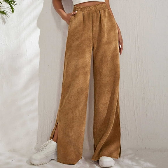 AGWOLF Womens Corduroy High Waist Pants Comfy Wide Leg Long Pant Baggy Side Split Lounge Trousers with Pockets