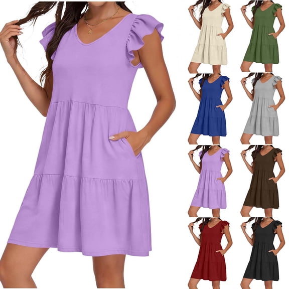 Plus Size Women Midi Dress Short Sleeve Solid Color V-Neck Flutter Sleeve Women Sundresses Casual Loose Flowy A-Line Sundresses