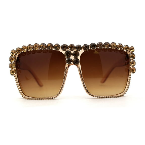 Womens Oversize Rhinestone Flat Top Showy Diva Sunglasses Peach Brown