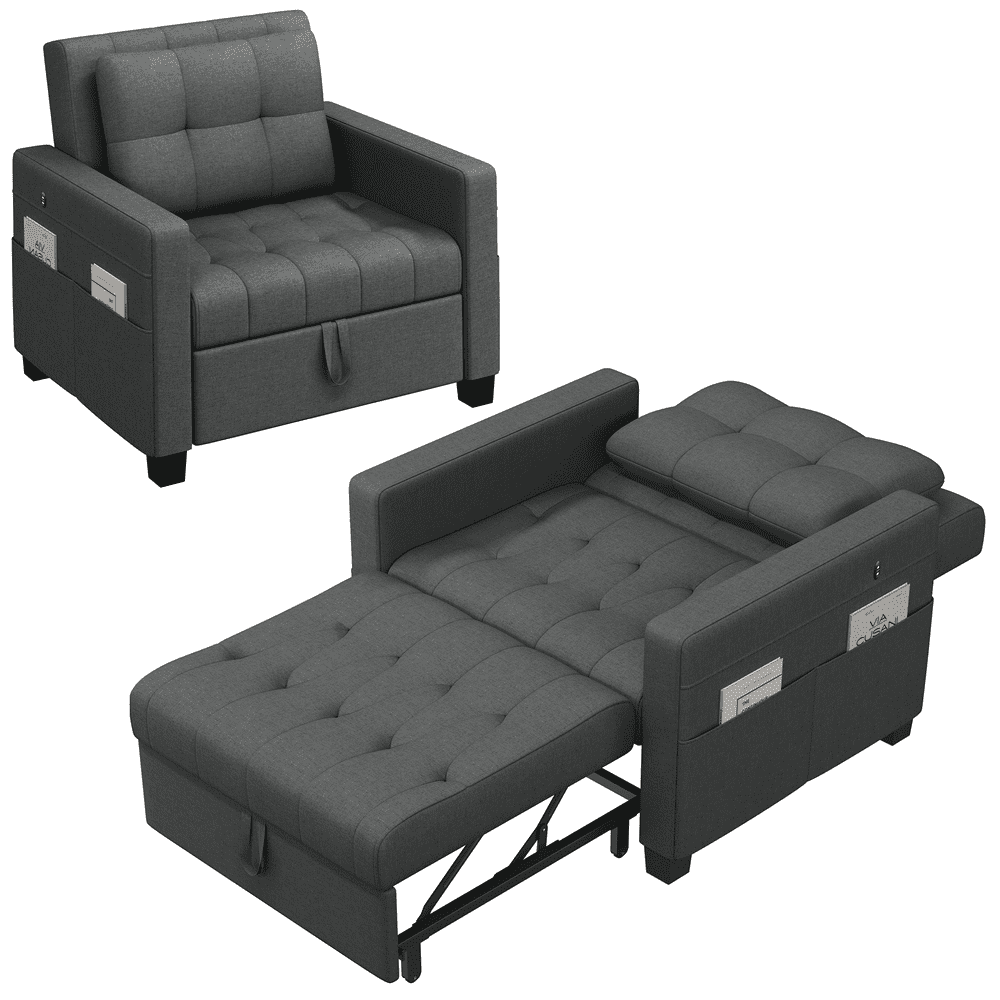 Renwick 3-in-1 Convertible Sleeper Sofa Bed with Adjustable Backrest & USB Ports, Dark Gray