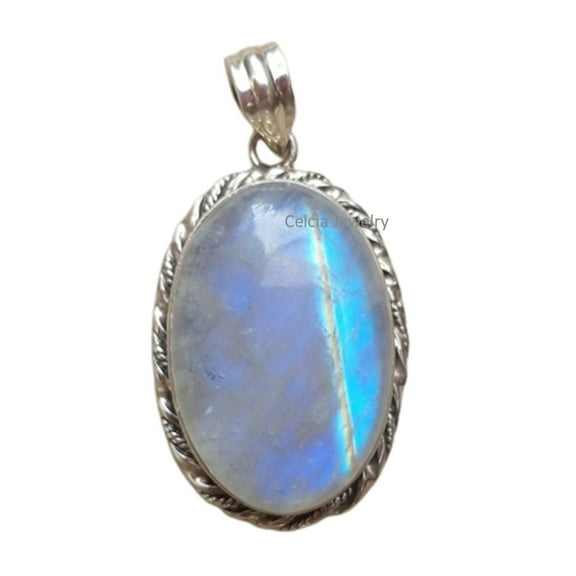 Solid 925 Sterling Silver Pendant For Women Men, Genuine Rainbow Moonstone Oval Gemstone Unique Handcrafted June Birthstone Pendant