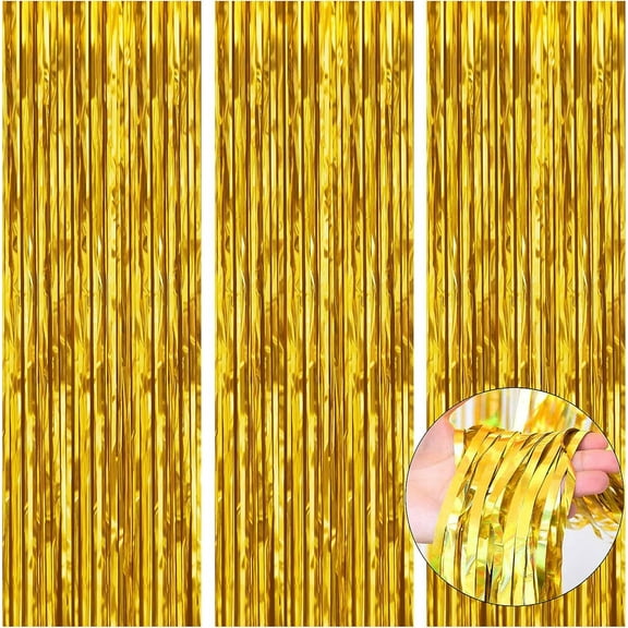 3 Pack Gold Backdrop Birthday Decorations Foil Curtain Backdrop Gold Streamers Dance Party Decorations Photo Booth Props for Bachelorette Decorations Christmas Halloween New Years Eve Party Supplies