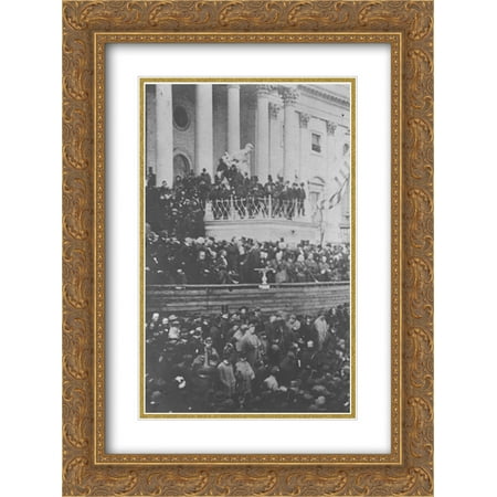 Lincoln State Capitol (President Abraham Lincoln delivering second inaugural address in front of the United States Capitol, March 4, 1865 18x24 Double Matted Gold Ornate Framed Art)