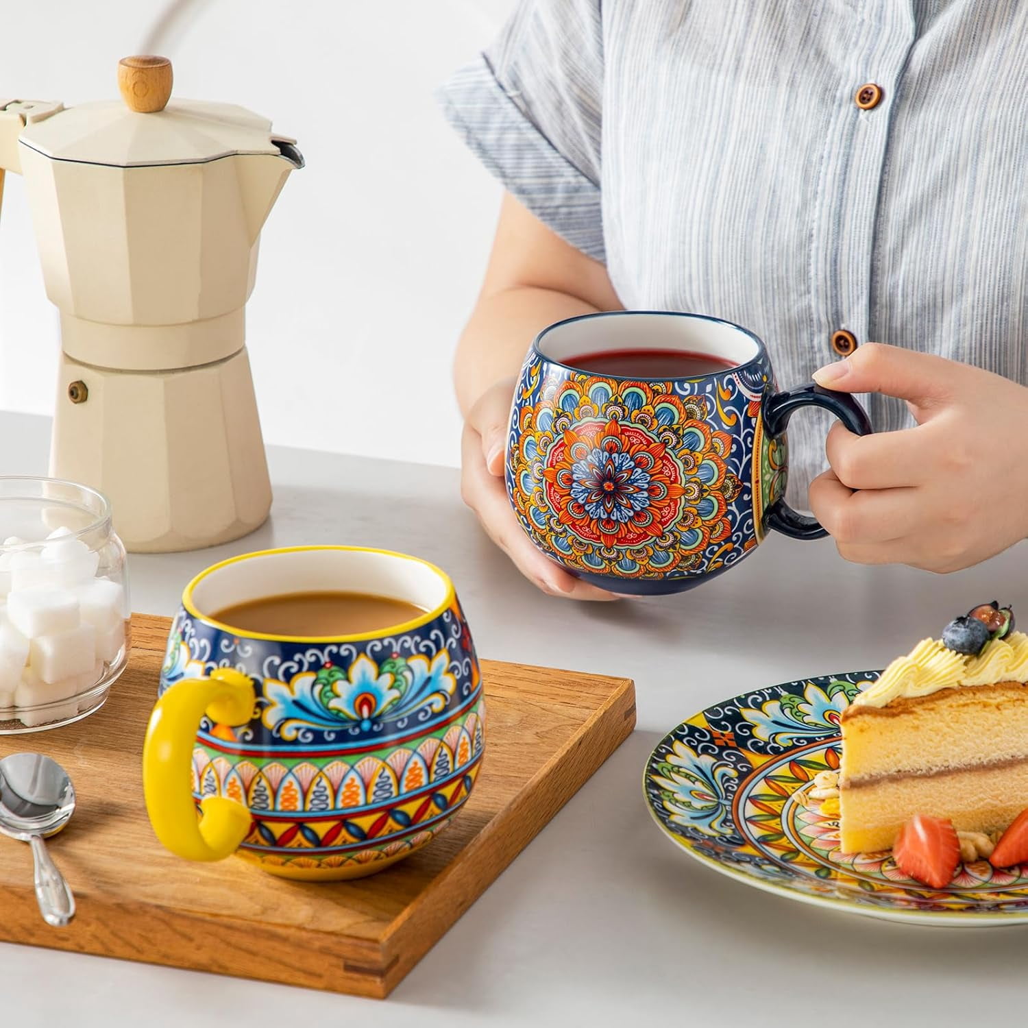 Ceramic Coffee Mug Set of 6, 16oz Porcelain Cups for Cappuccino, Latte, and Espresso, Colorful Boho Mugs with Handle, Rounded Design, Dishwasher and Microwave Safe