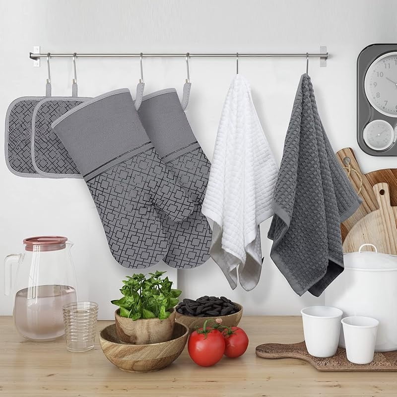 Oven Mitts and Pot Holders Sets 6pcs, Kitchen Glove,High Heat Resistant 550 Degree Extra Long Potholders with Non-Slip Silicone Surface for Home Essentials (Grey) (Gray)