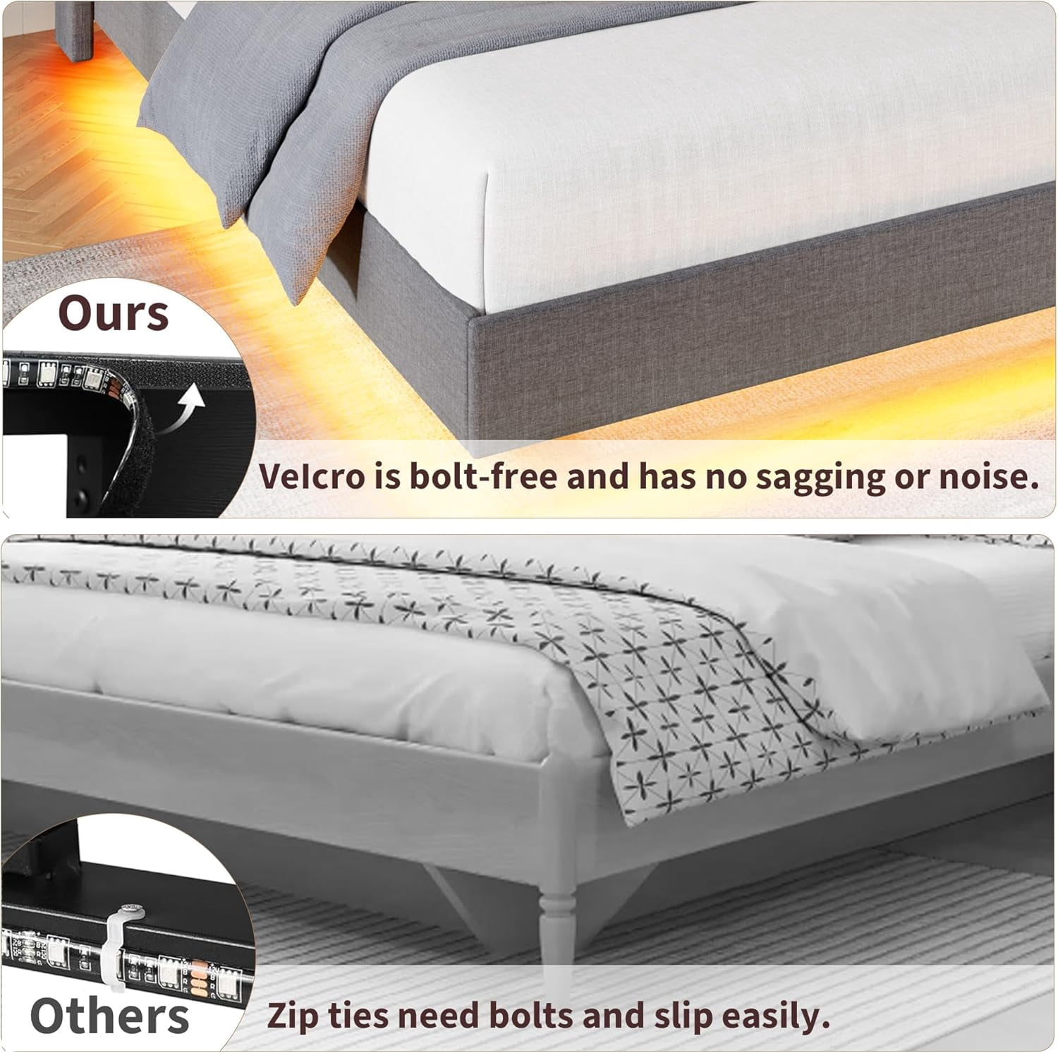 Full Size Floating Bed Frame with RGB LED Lights, Charging Station, Storage Headboard, No Box Spring, Grey