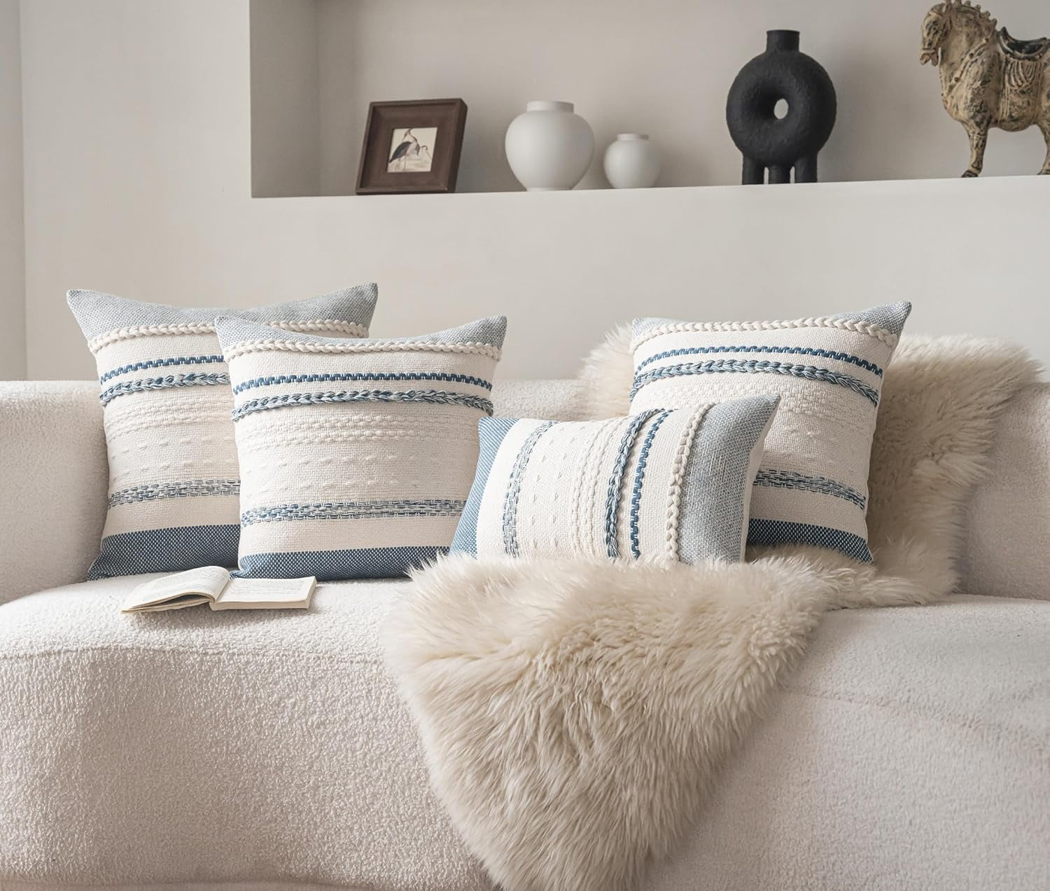 Boho Style Throw Pillow Covers Set of 2 18x18 Inch Textured Blue Couch Accent Cushion Covers
