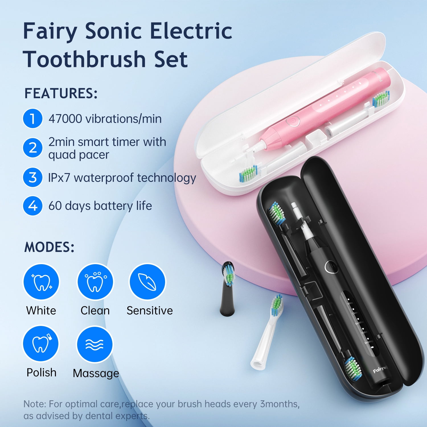 Fairywill Electric Toothbrush for Adults,Dual Pack with Travel Case 60 Day Battery Sonic Toothbrush,47,000 VPM 5 Modes IPX7 Waterproof 8 Brush Heads for Couples Family,Black & Pink