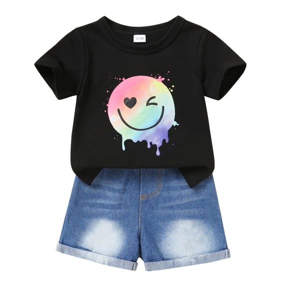 Younger Tree Baby Girl Shorts Outfit Kid Summer Print T-Shirt Denim Shorts Clothes Set for 3-4T