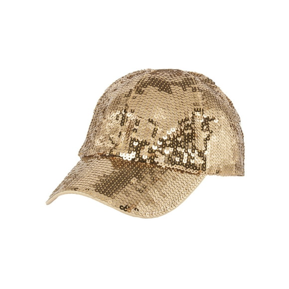 Glitter Sequin Elastic Fit Baseball Hat - Gold