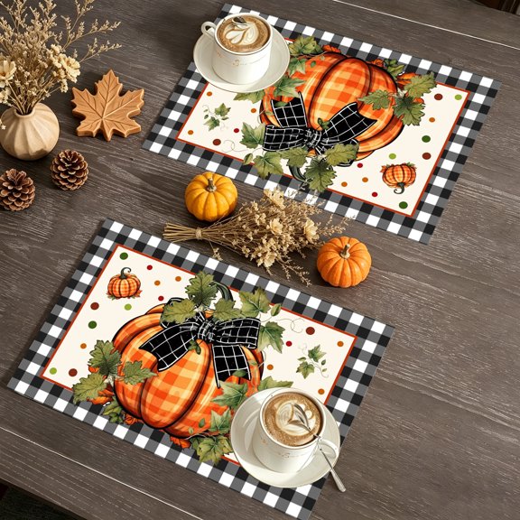 MIZHONA Fall Pumpkins Placemats Set of 4,Autumn Thanksgiving Linen Table Mats for Table Decorations 12x18 in