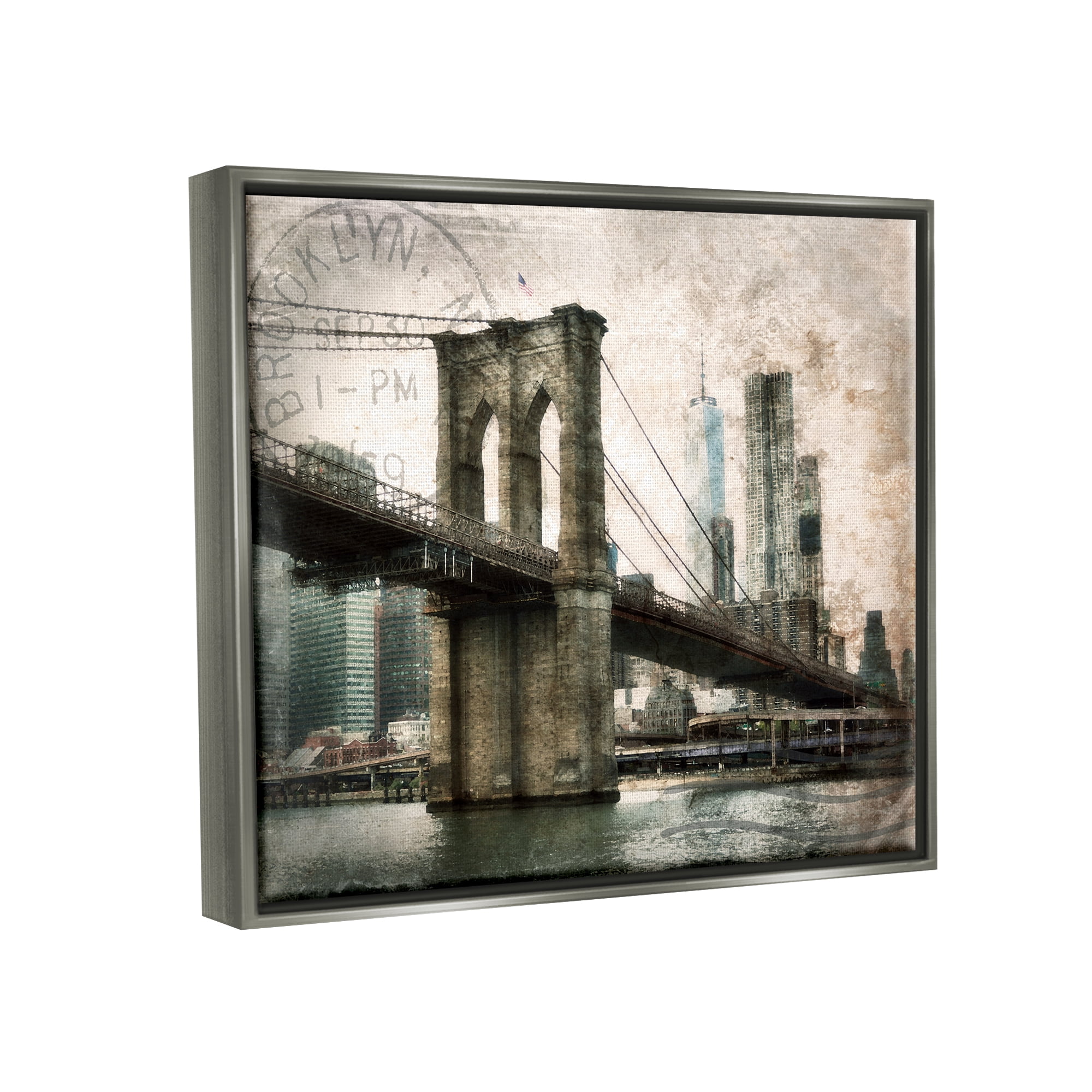 Stupell Industries Vintage Brooklyn Bridge Abstract Painting Gray Floater Framed Canvas Art Print Wall Art, 31 x 25