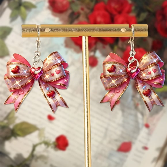 Kugachren Christmas Heart Bow Earrings Plastic Pink, Holiday Accessories for Valentine's Day Gift