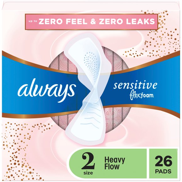 Always Sensitive FlexFoam Pads for Women, Size 2, Heavy Flow Absorbency, Unscented with Wings