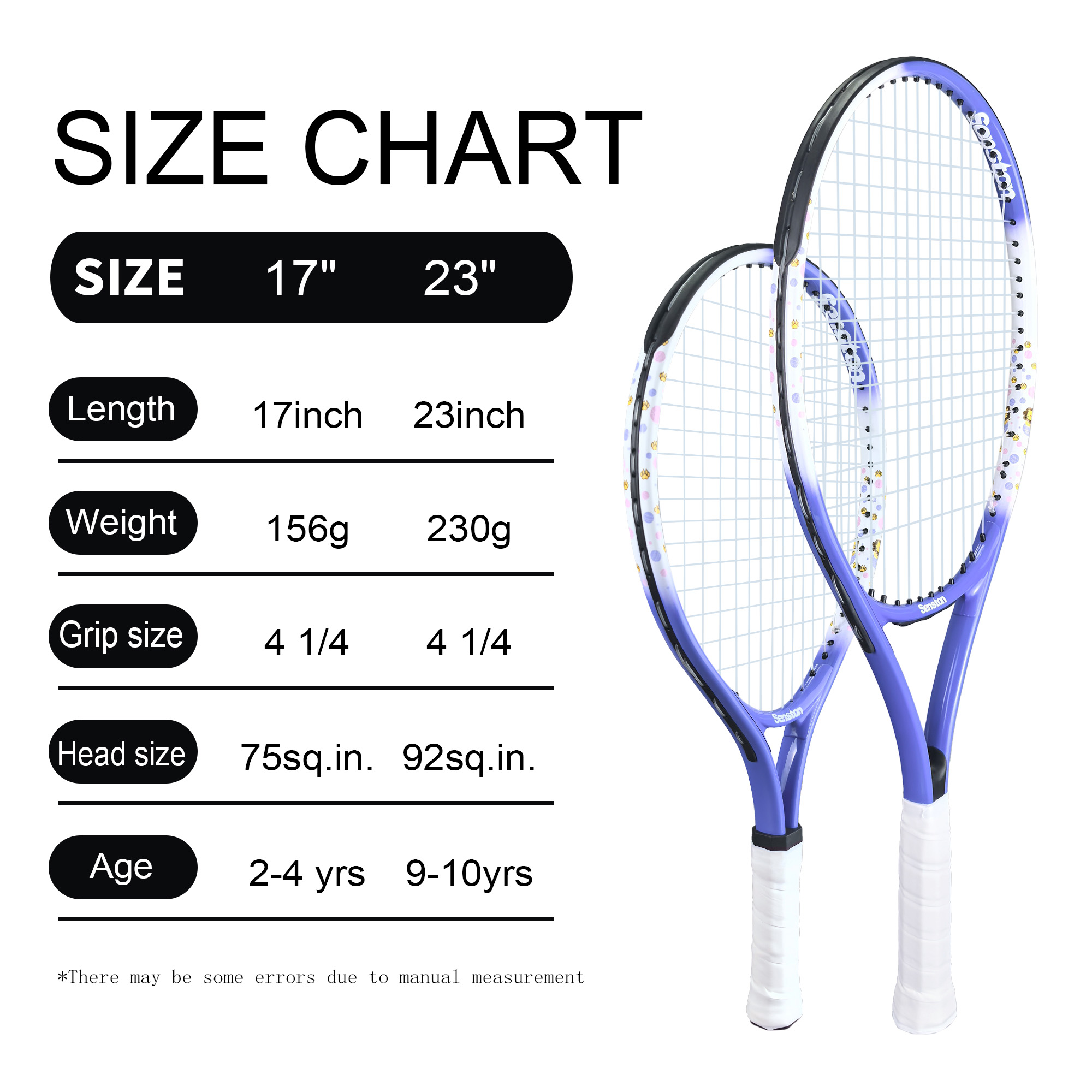 Senston Kids Tennis Racket Set (17 & 23 Inch) - 1 Pack Junior Tennis Racquet, Lightweight Aluminum Frame, Includes Cover